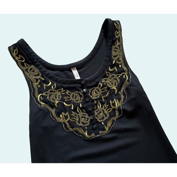 FREE PEOPLE Form Fitting Black Tank Dress Gold Embellishment Detail Size S - Picture 2 of 6